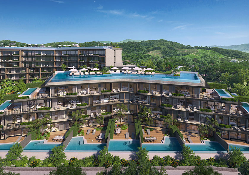 Laguna Lakelands Lakeview Residences | A modern multi-level resort with cascading swimming pools, lounging areas, and balconies, nestled against a backdrop of lush hills.