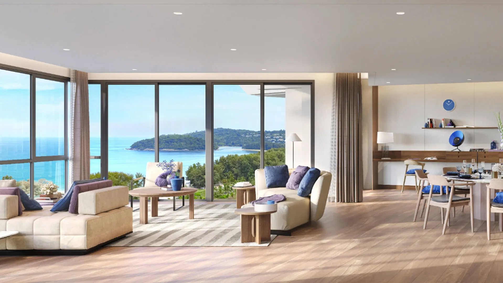 Modern living room with large windows offering a panoramic view of a coastal landscape, furnished with sofas, a dining table.