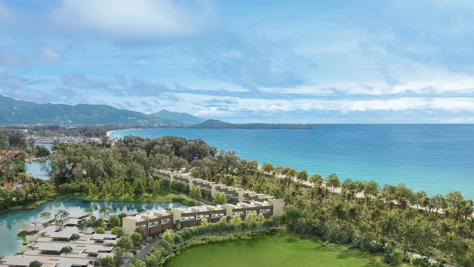 Banyan Tree Grand Residences Beach Terraces - A luxurious balcony at sunset, featuring seating, an infinity pool, overlooking a tropical ocean horizon with palm trees.