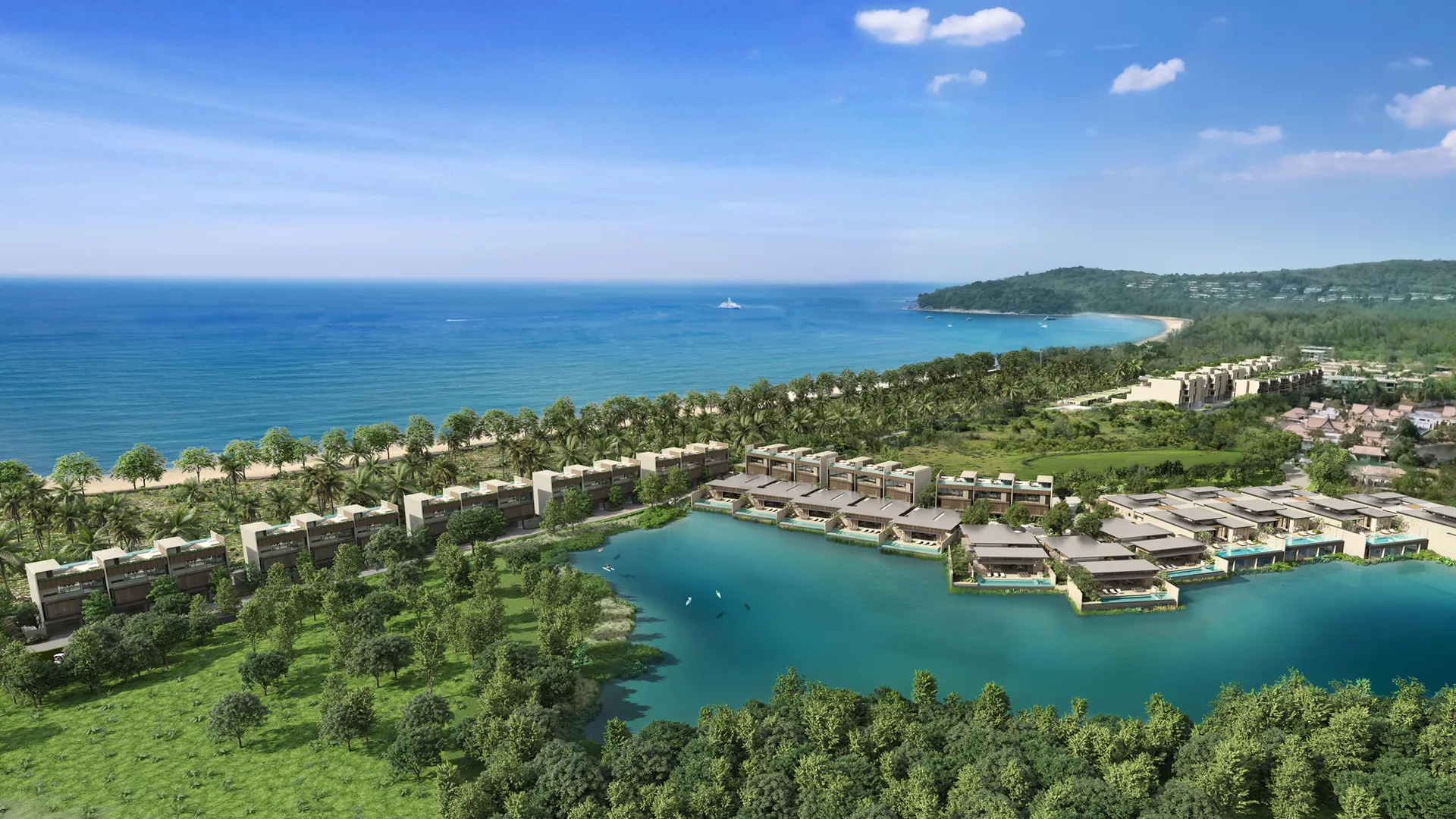 Banyan Tree Grand Residences Beach Terraces - A luxurious balcony at sunset, featuring seating, an infinity pool, overlooking a tropical ocean horizon with palm trees.