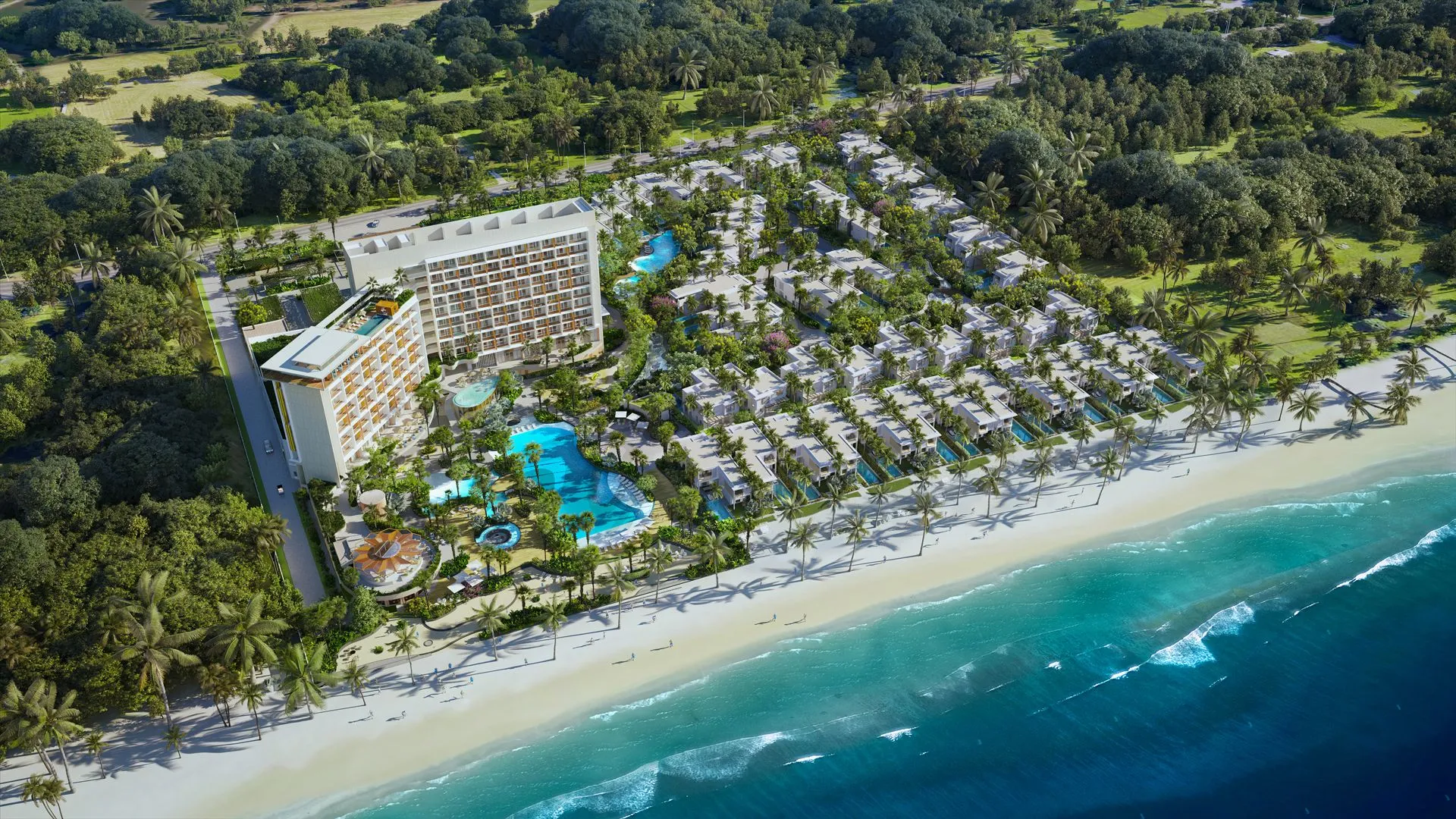 Angsana Residences Ho Tram - Aerial view of a beachfront resort with a high-rise building, bungalows, swimming pools.